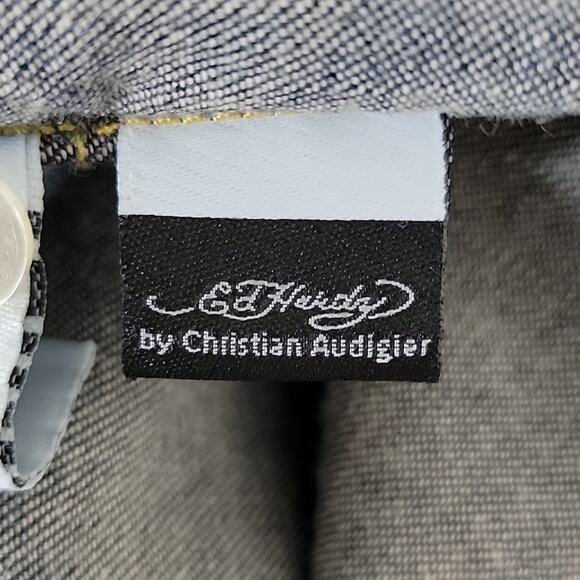 Christian Audigier Kids Chambray Button-up Short Sleeve Graphic Shirt 12 - Picture 13 of 13